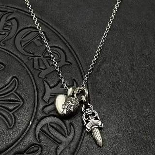 Chrome Hearts Heart and Dagger Engraved Silver Necklace