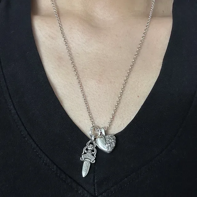 Chrome Hearts Heart and Dagger Engraved Silver Necklace 2