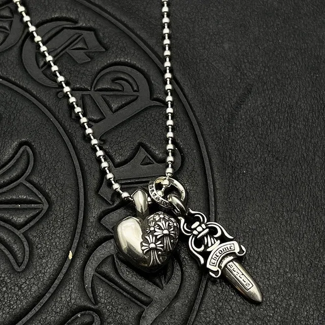 Chrome Hearts Heart and Dagger Engraved Silver Necklace 3