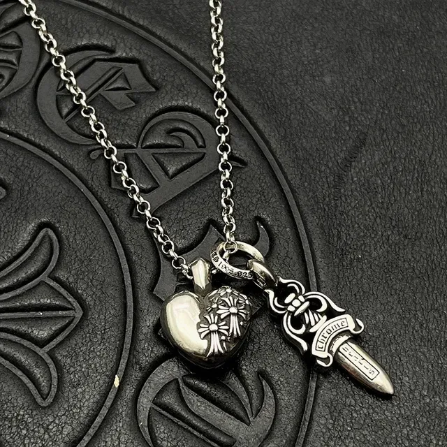 Chrome Hearts Heart and Dagger Engraved Silver Necklace 4