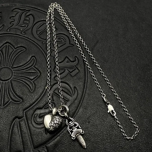 Chrome Hearts Heart and Dagger Engraved Silver Necklace 5