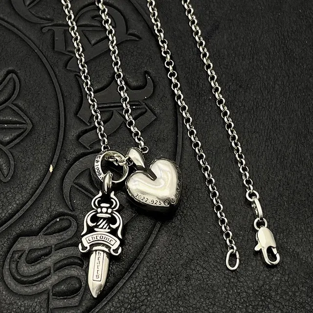 Chrome Hearts Heart and Dagger Engraved Silver Necklace 6