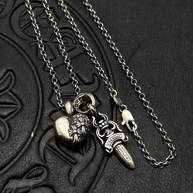 Chrome Hearts Heart and Dagger Engraved Silver Necklace 7