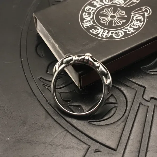 Chrome Hearts Silver Black Ornate Floral Scrollwork Central Bead Accent Ring 6