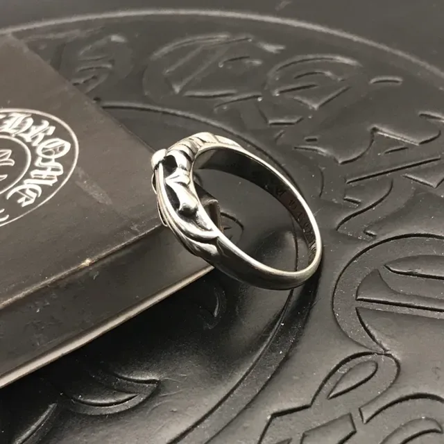 Chrome Hearts Silver Black Ornate Floral Scrollwork Central Bead Accent Ring 7