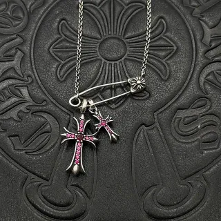 Chrome Hearts Silver Pink Gothic Cross Pendants Gemstone Inlay Necklace