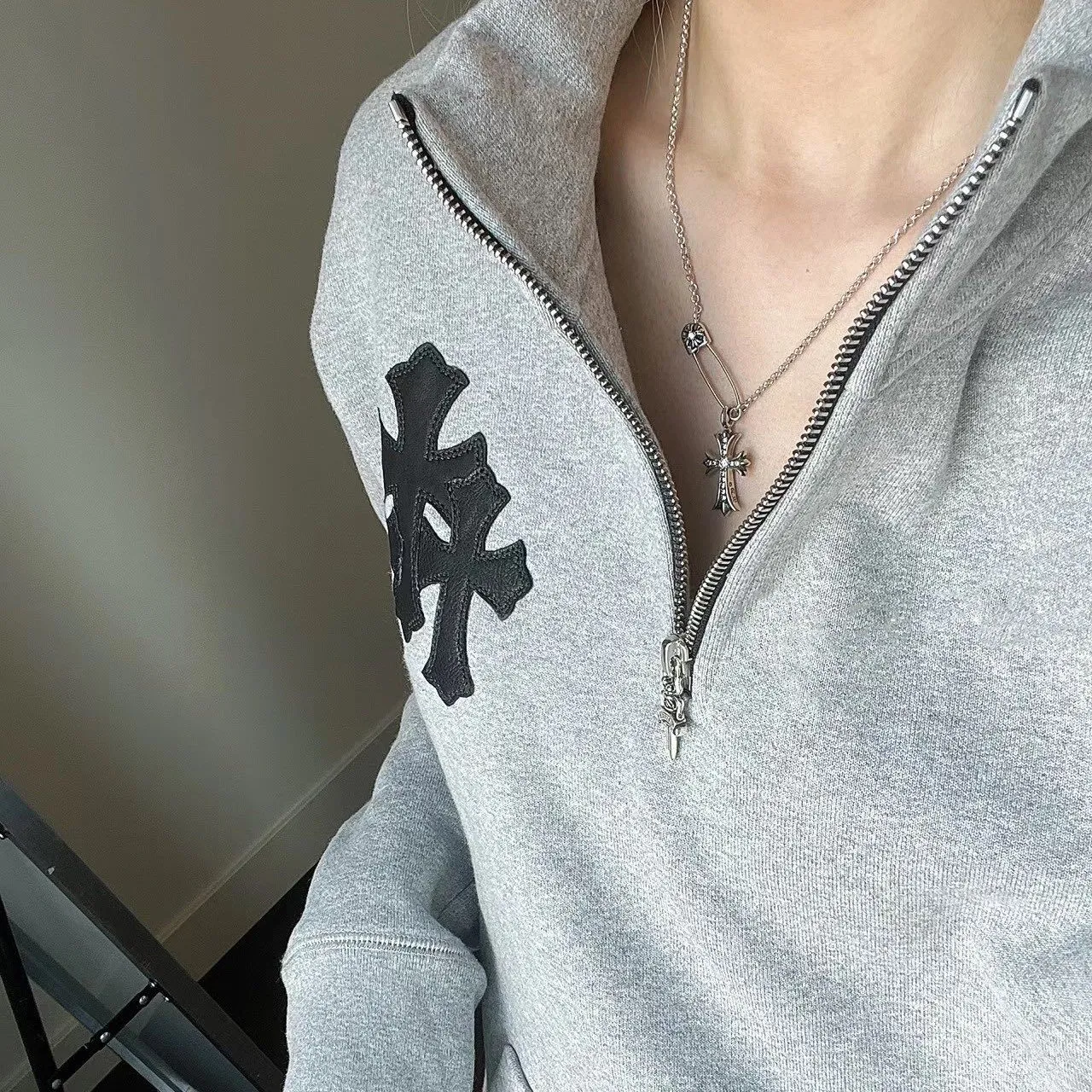Chrome Hearts Argent Rose Gothique Croix Pendants Inlay de Gemme Collier 2