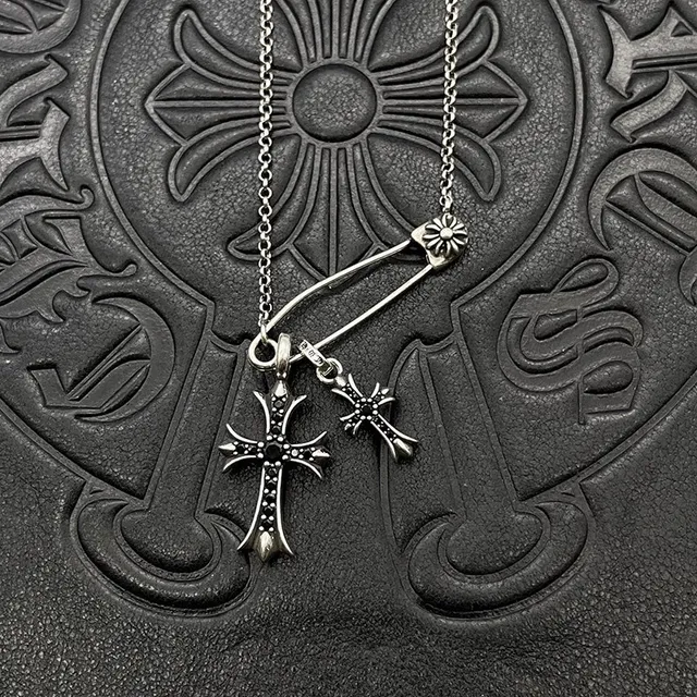 Chrome Hearts Argent Rose Gothique Croix Pendants Inlay de Gemme Collier 5