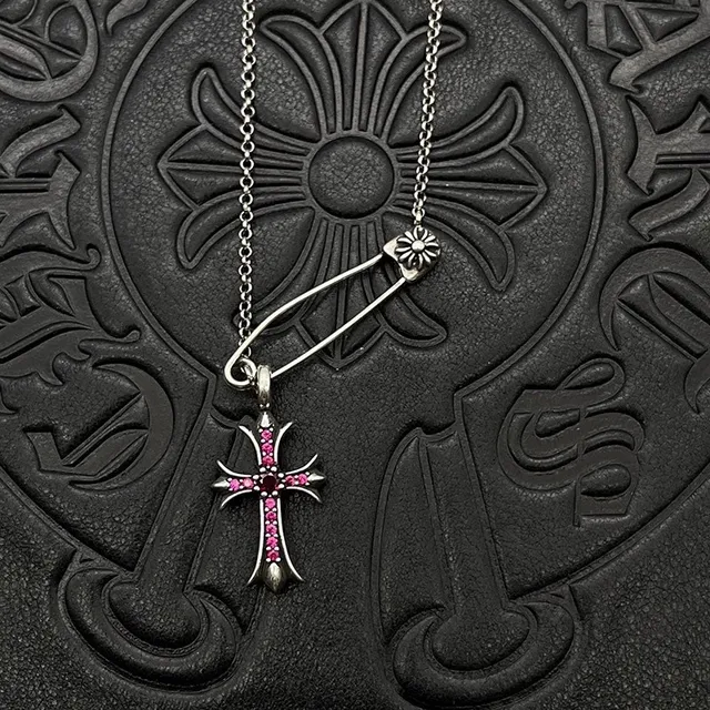 Chrome Hearts Argent Rose Gothique Croix Pendants Inlay de Gemme Collier 6