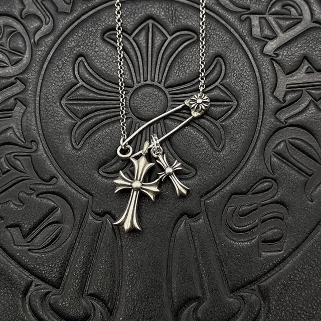 Chrome Hearts Argent Rose Gothique Croix Pendants Inlay de Gemme Collier 7