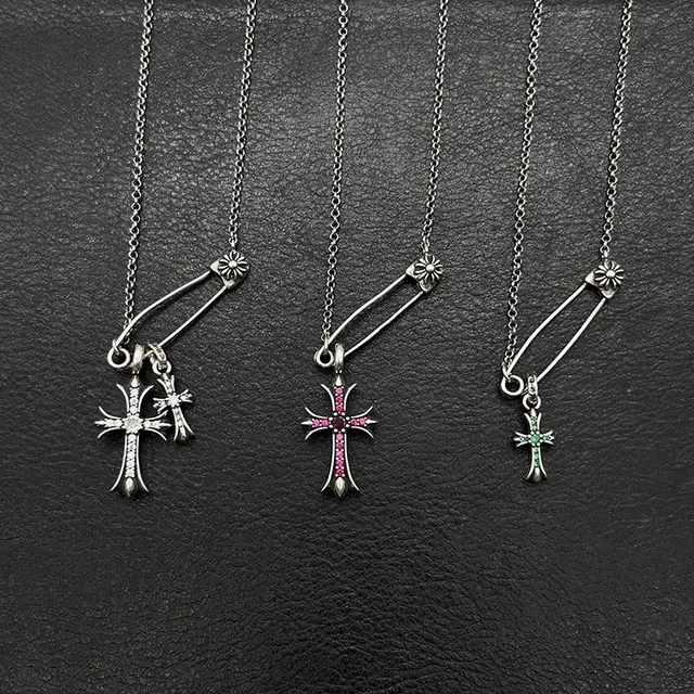 Chrome Hearts Argent Rose Gothique Croix Pendants Inlay de Gemme Collier 8