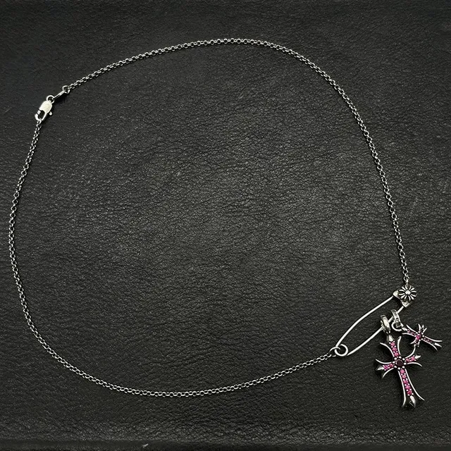 Chrome Hearts Argent Rose Gothique Croix Pendants Inlay de Gemme Collier 9