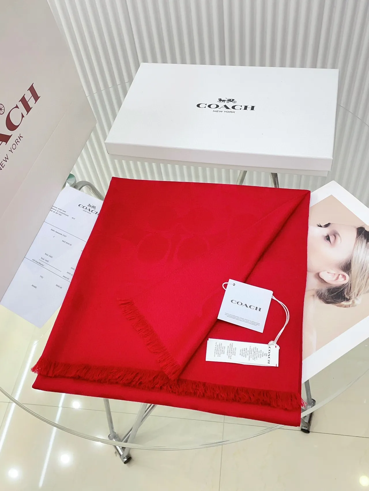 Coach Monogram Jacquard Red Silk Scarf 4
