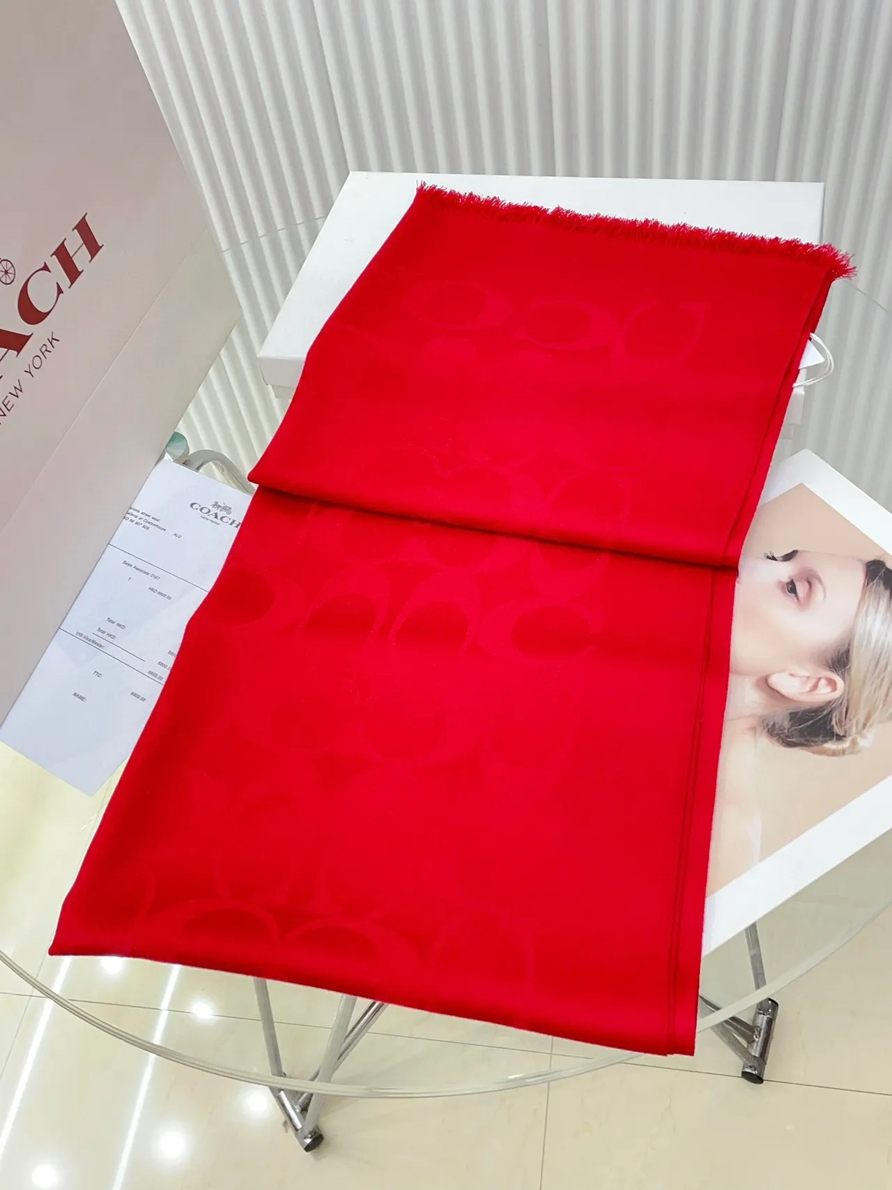 Coach Monogram Jacquard Red Silk Scarf 8