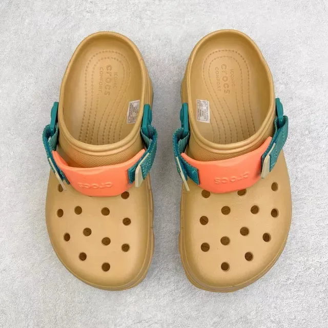 Crocs Echo Beige Blue Molded Foam Adjustable Strap Clog 9