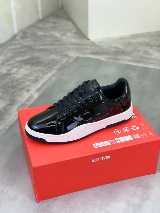 Diesel Black White Glossy Patent-Like Upper Chunky Platform Sole Sneakers 5