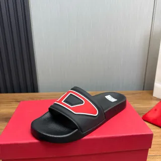 Diesel Slide Black Red Molded Rubber Geometric Strap Slippers
