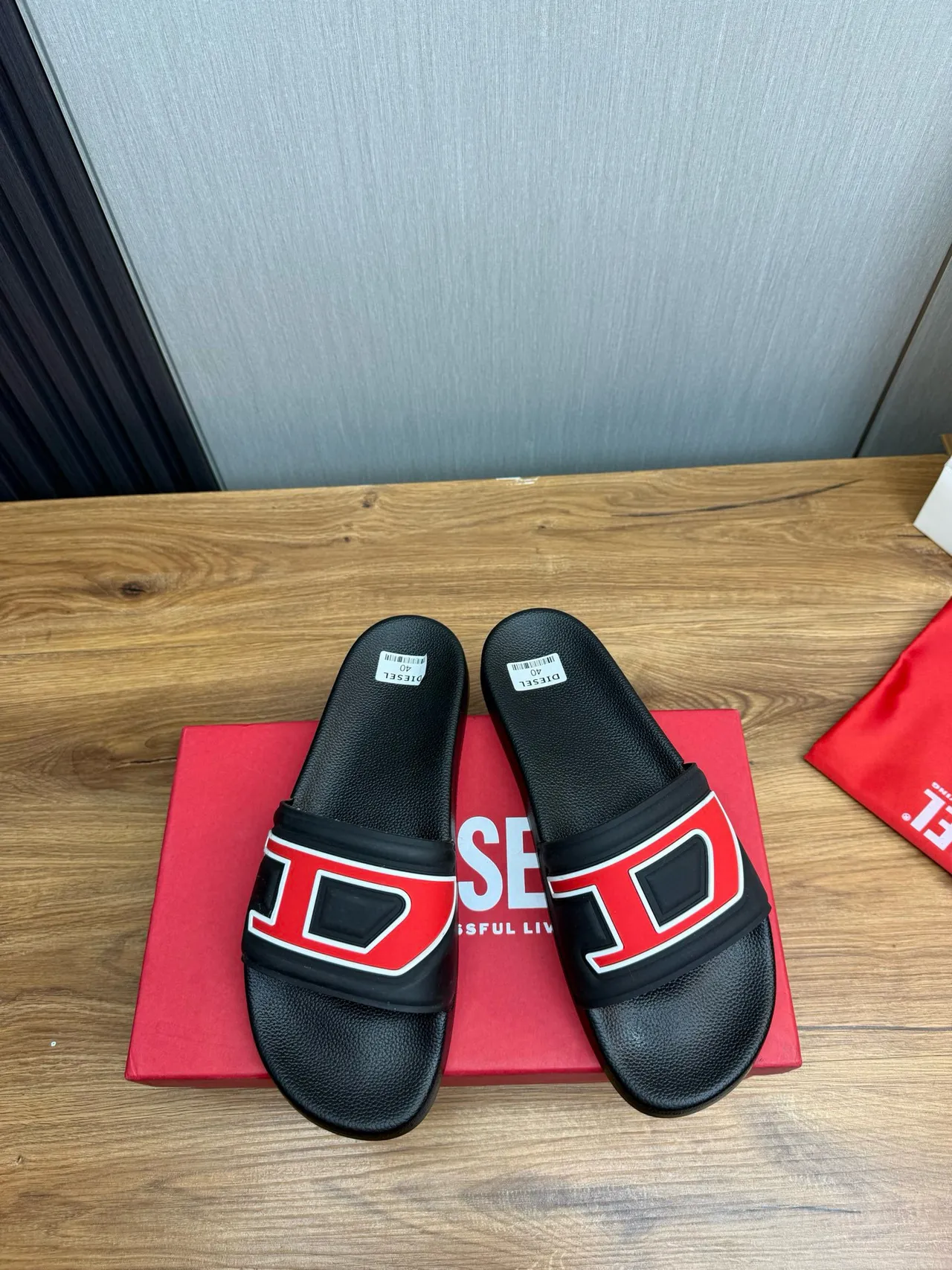 Diesel Slide Black Red Molded Rubber Geometric Strap Slippers 2