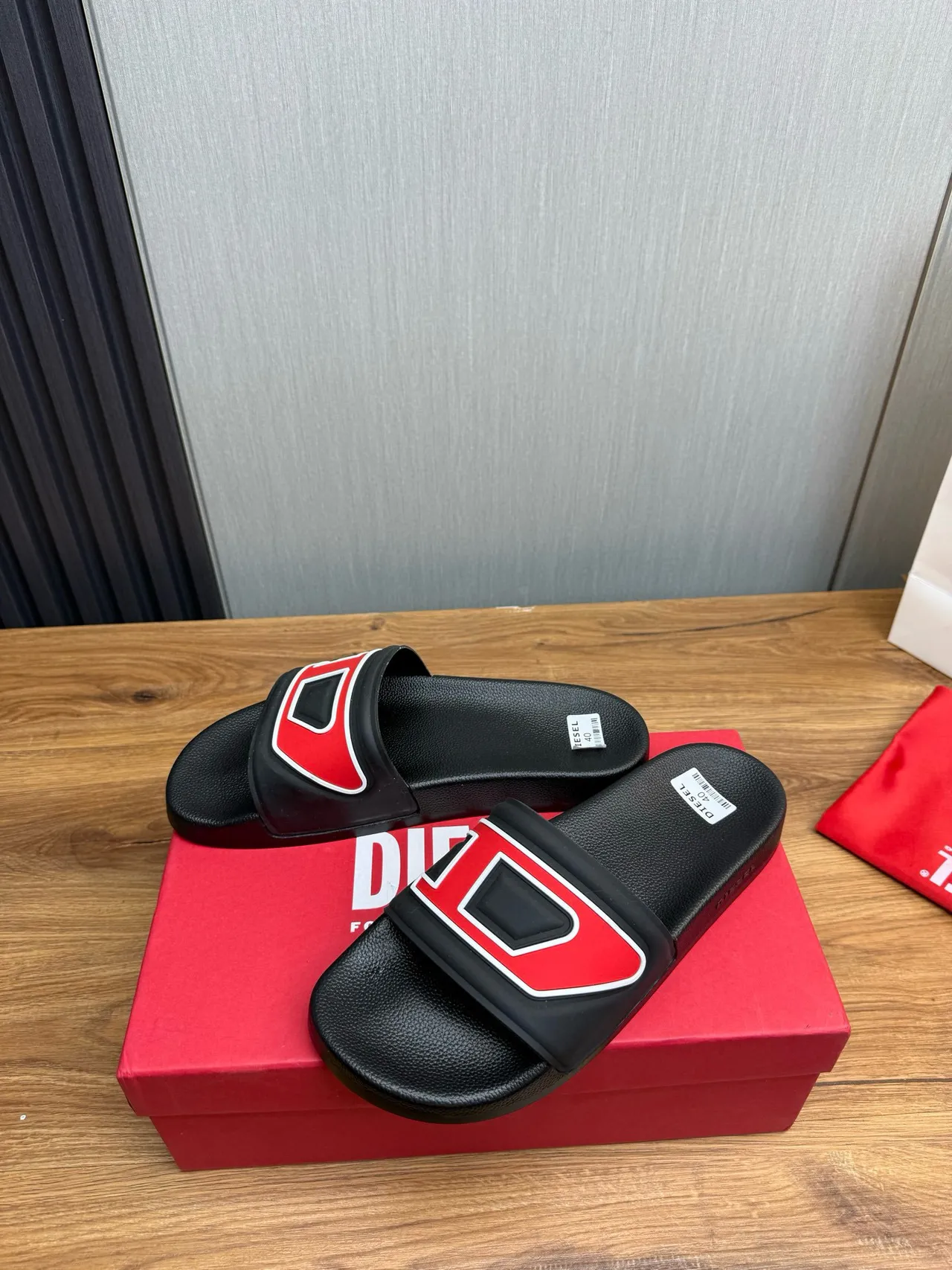 Diesel Slide Black Red Molded Rubber Geometric Strap Slippers 3