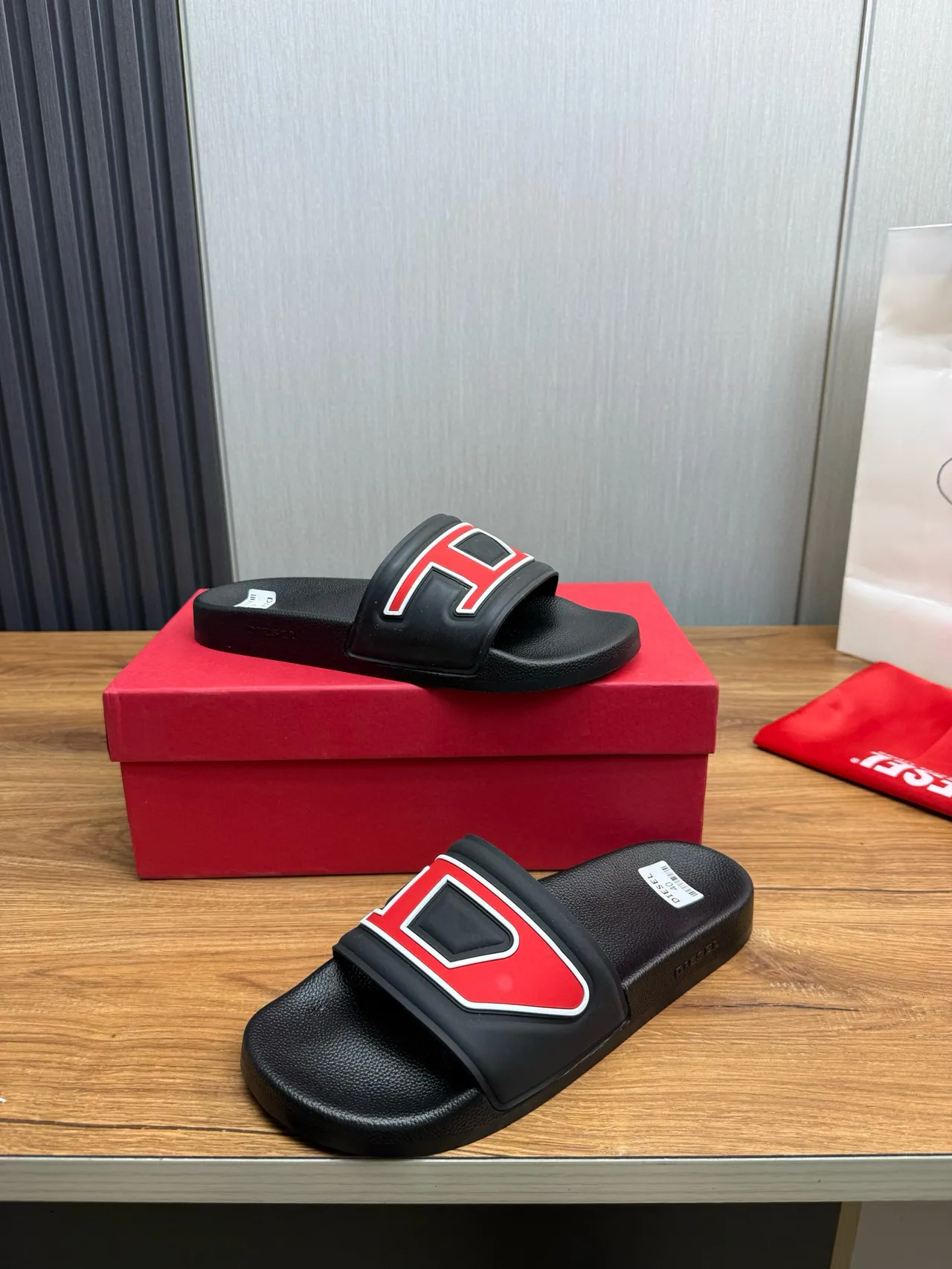 Diesel Slide Black Red Molded Rubber Geometric Strap Slippers 4