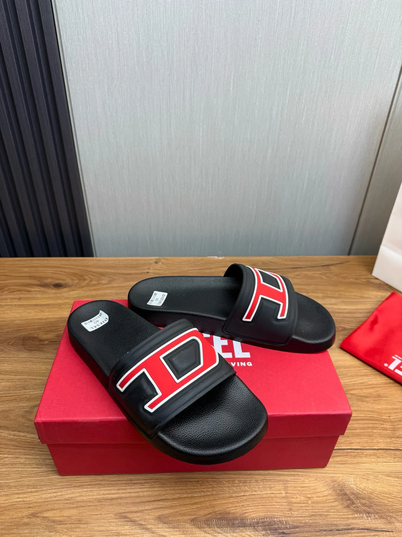 Diesel Slide Black Red Molded Rubber Geometric Strap Slippers 6