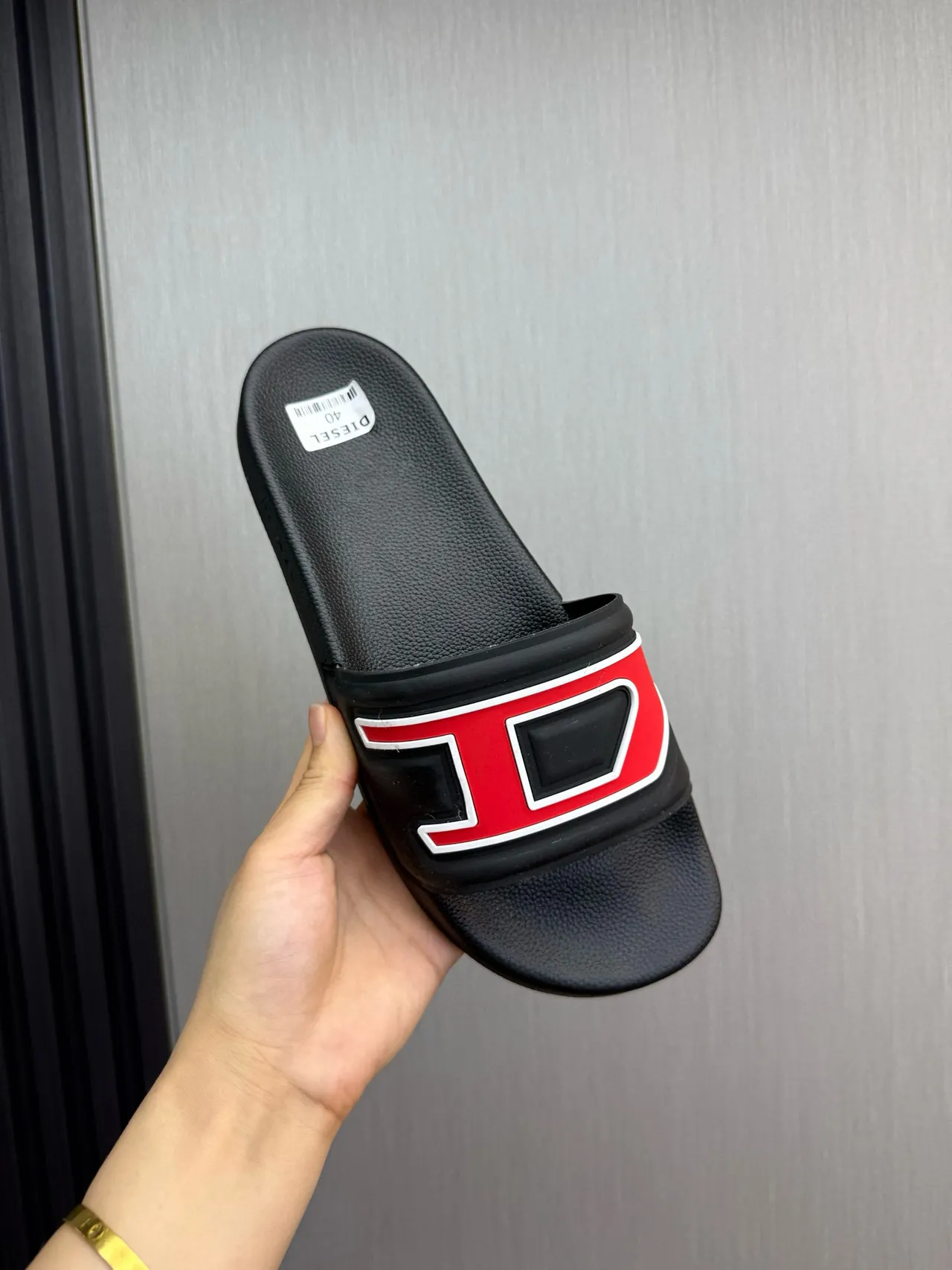 Diesel Slide Black Red Molded Rubber Geometric Strap Slippers 7
