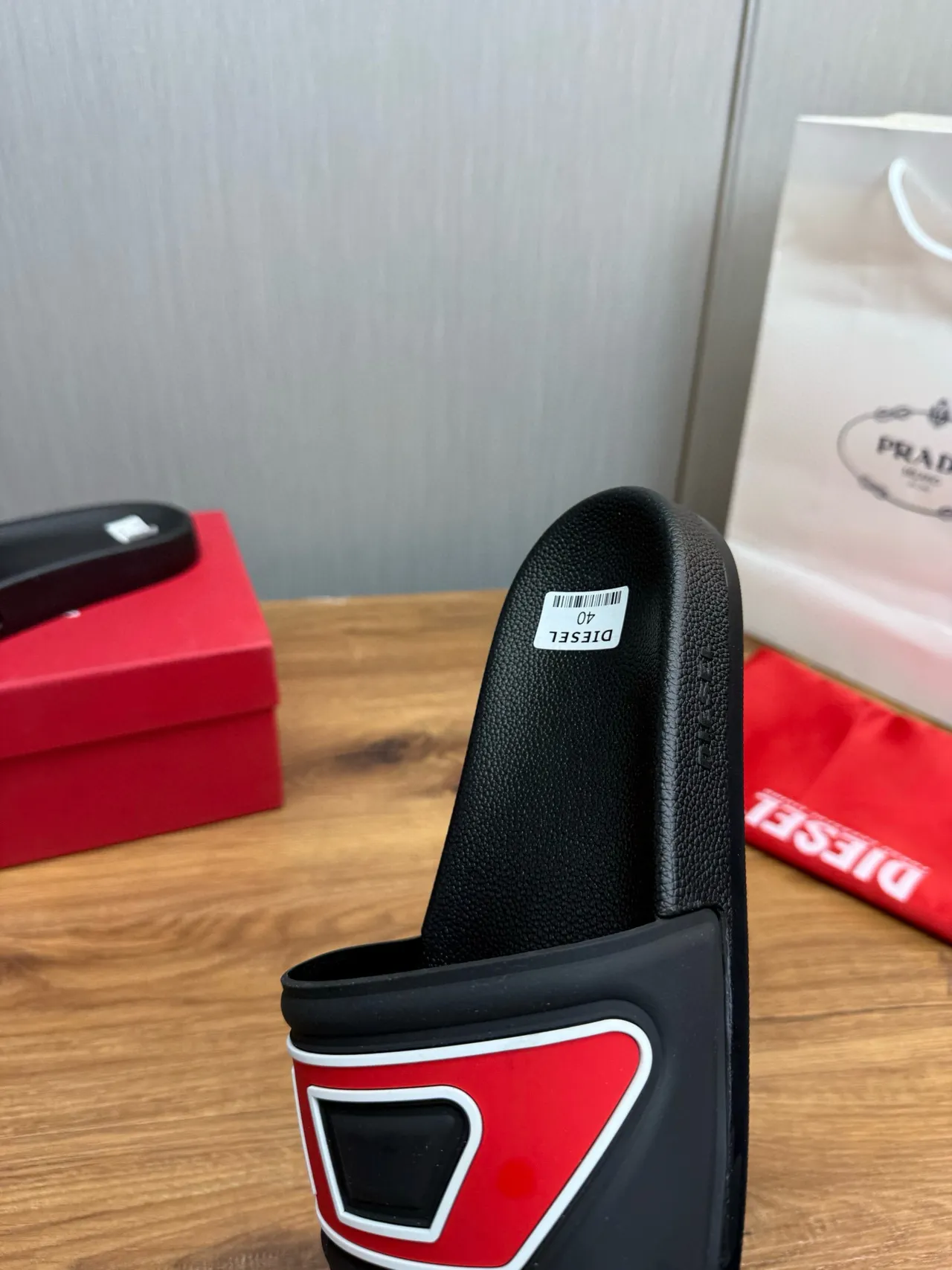 Diesel Slide Black Red Molded Rubber Geometric Strap Slippers 8