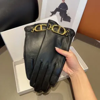 Dior Addict Gloves Black Gold Smooth CD Buckle Leather Gloves
