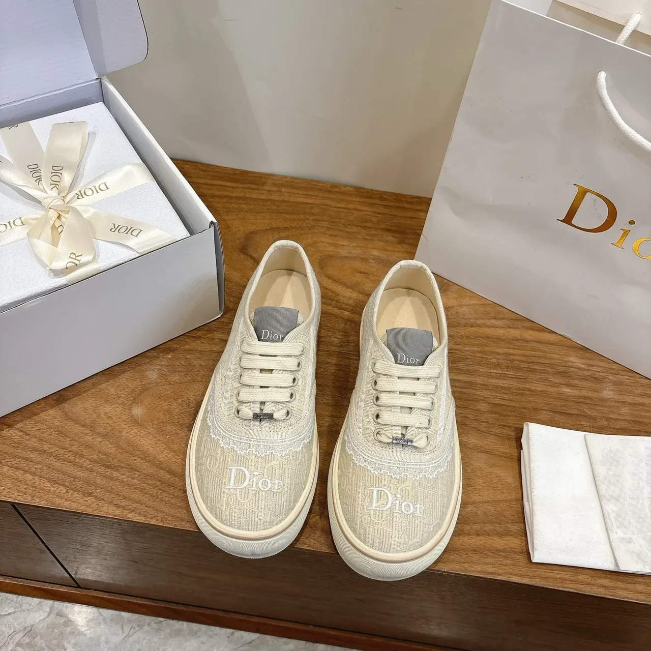 Dior B23 Beige Gray Embroidered Logo Jacquard-Textured Upper Lifestyle Sneakers 5
