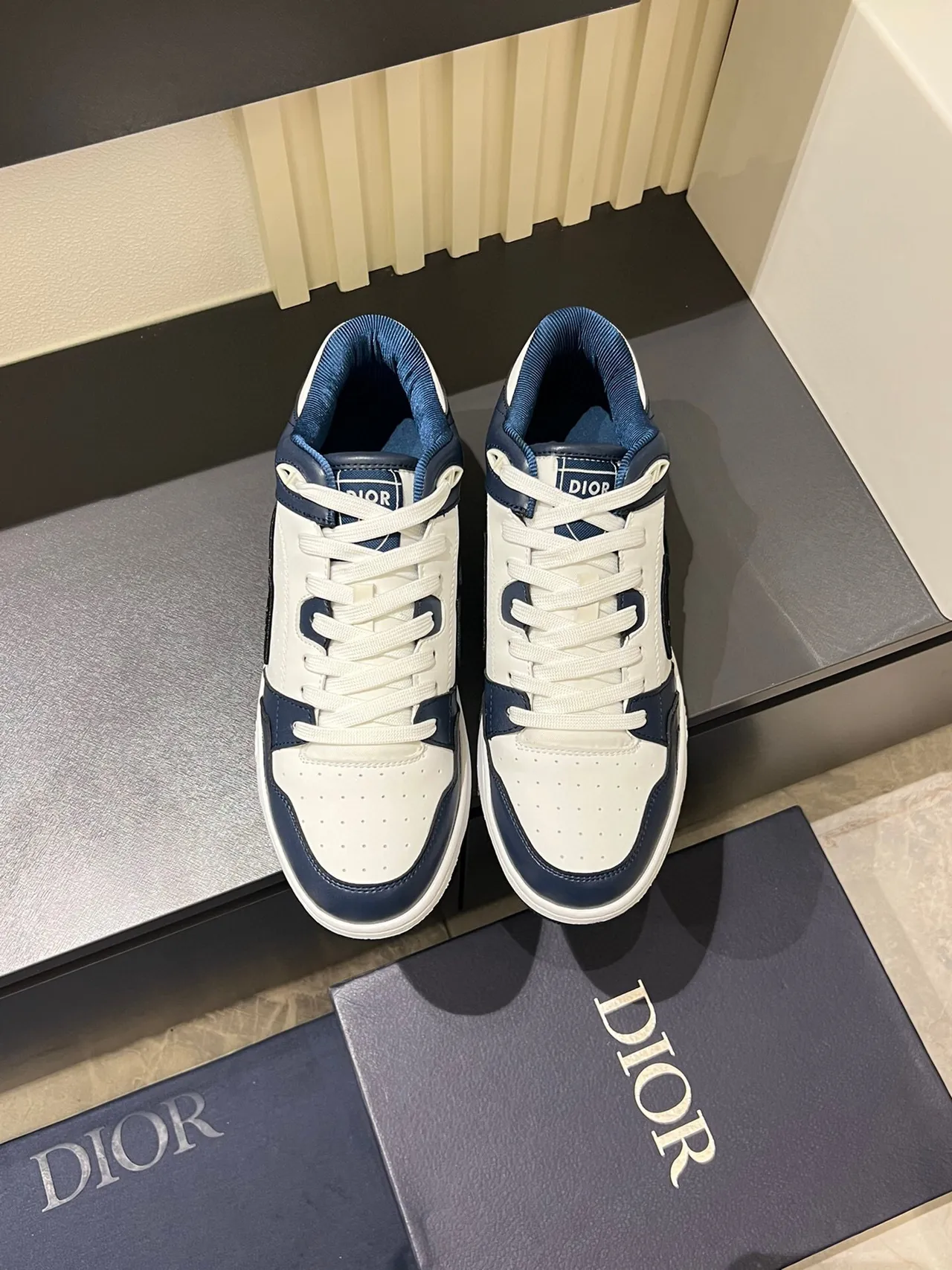 Dior B23 White and Navy Leather Monogram Lifestyle Sneakers 2