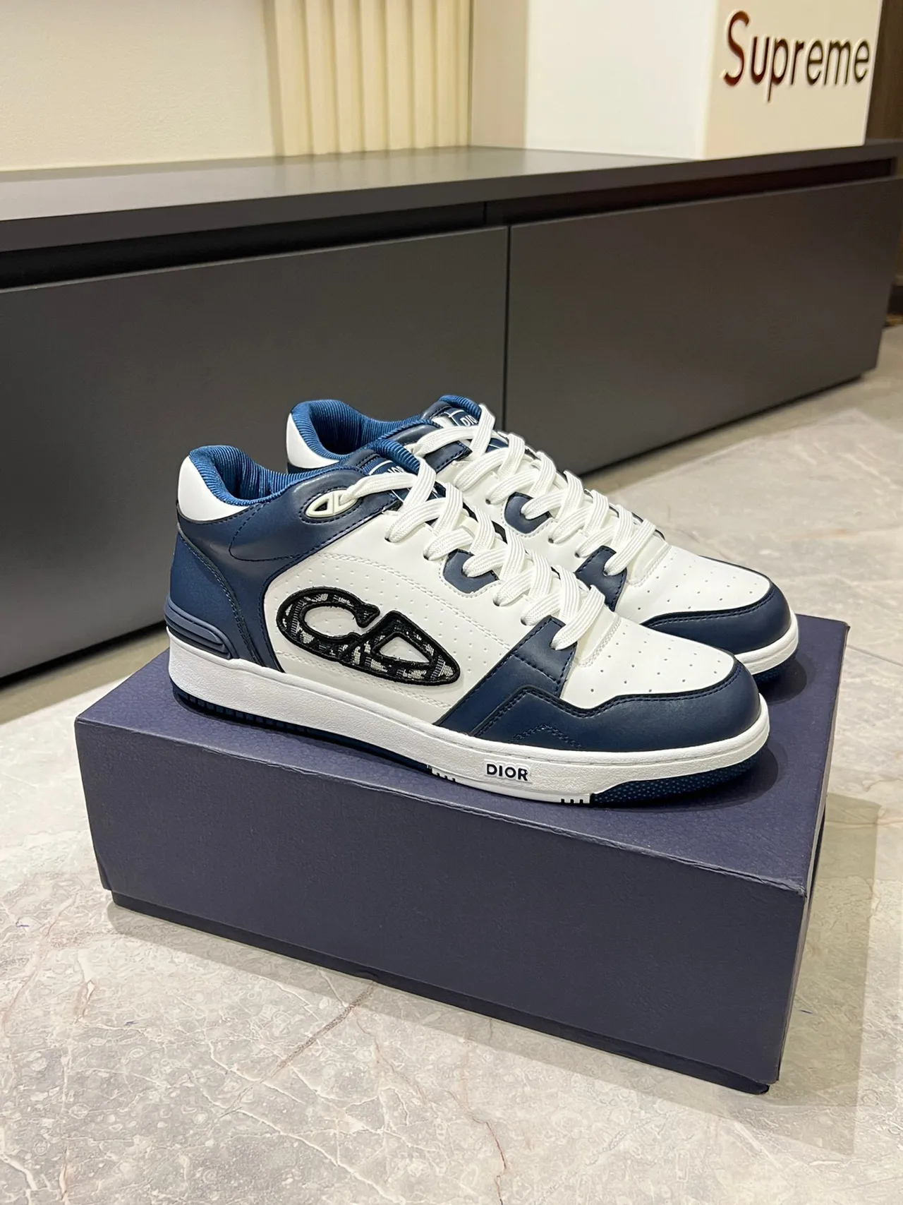 Dior B23 White and Navy Leather Monogram Lifestyle Sneakers 3