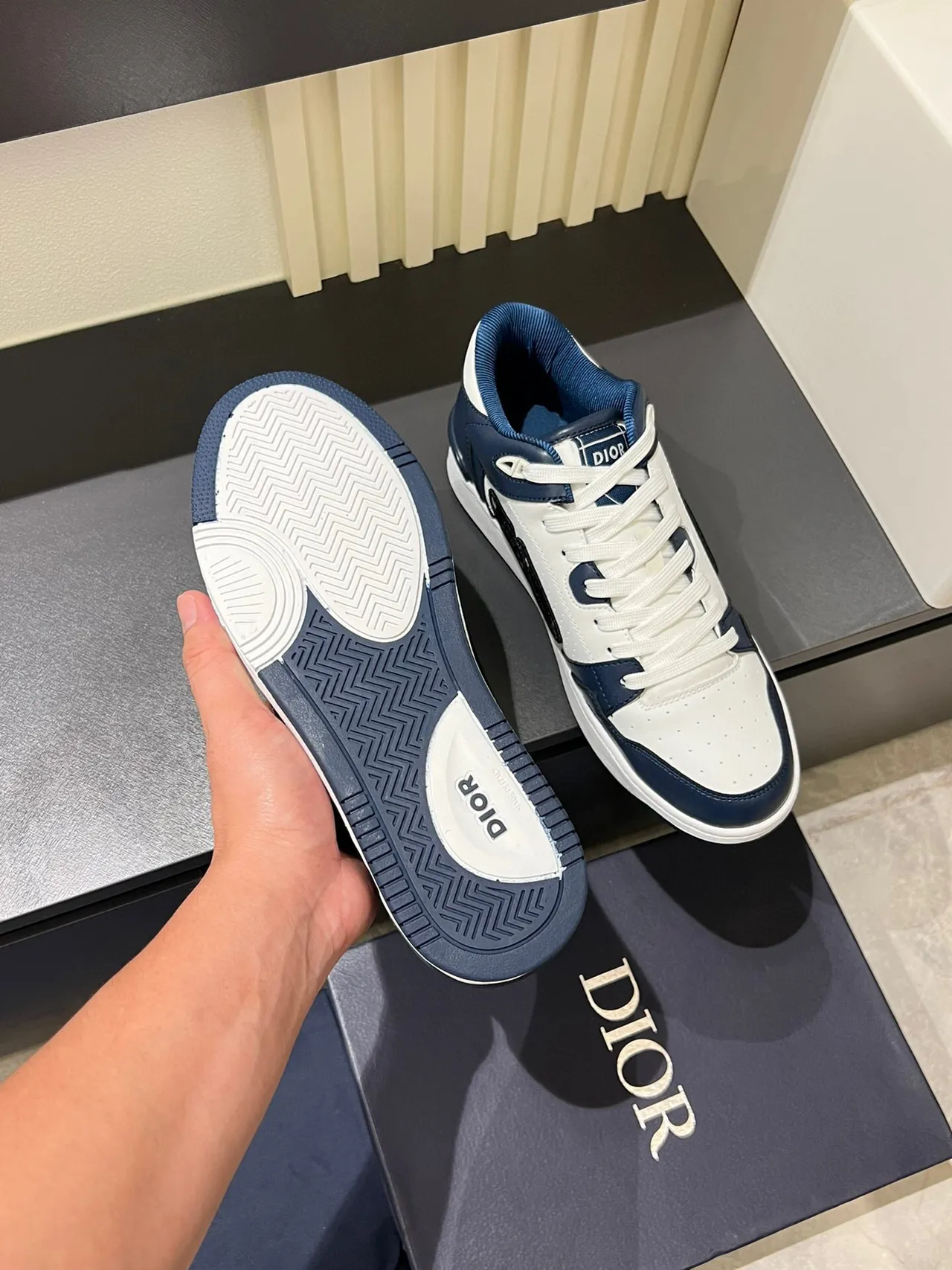 Dior B23 White and Navy Leather Monogram Lifestyle Sneakers 6