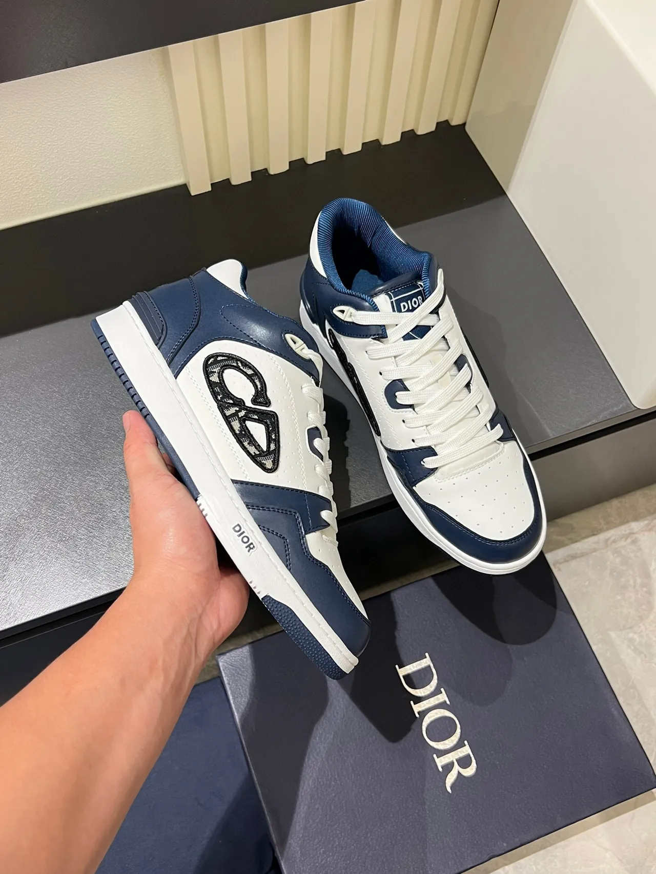Dior B23 White and Navy Leather Monogram Lifestyle Sneakers 8