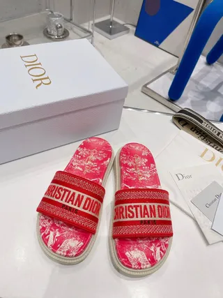 Dior B27 Slide গোলাপি ফ্লোরাল প্রিন্ট উইভড স্ট্র্যাপ স্লিপার 5