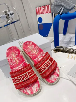 Dior B27 Slide গোলাপি ফ্লোরাল প্রিন্ট উইভড স্ট্র্যাপ স্লিপার 6