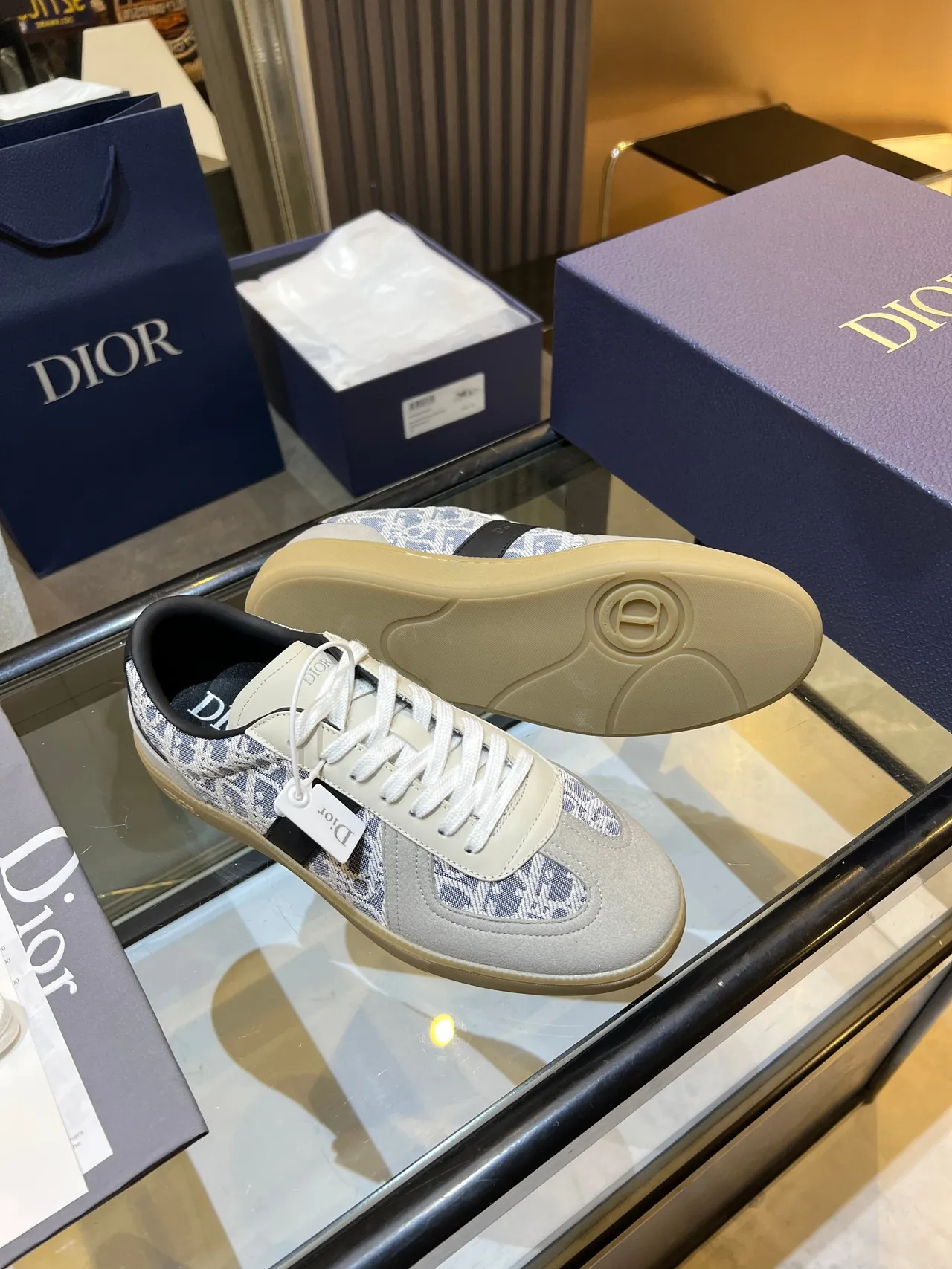 Dior Beige Blue Monogram-Print Textile Suede Overlays Lifestyle Sneakers 4