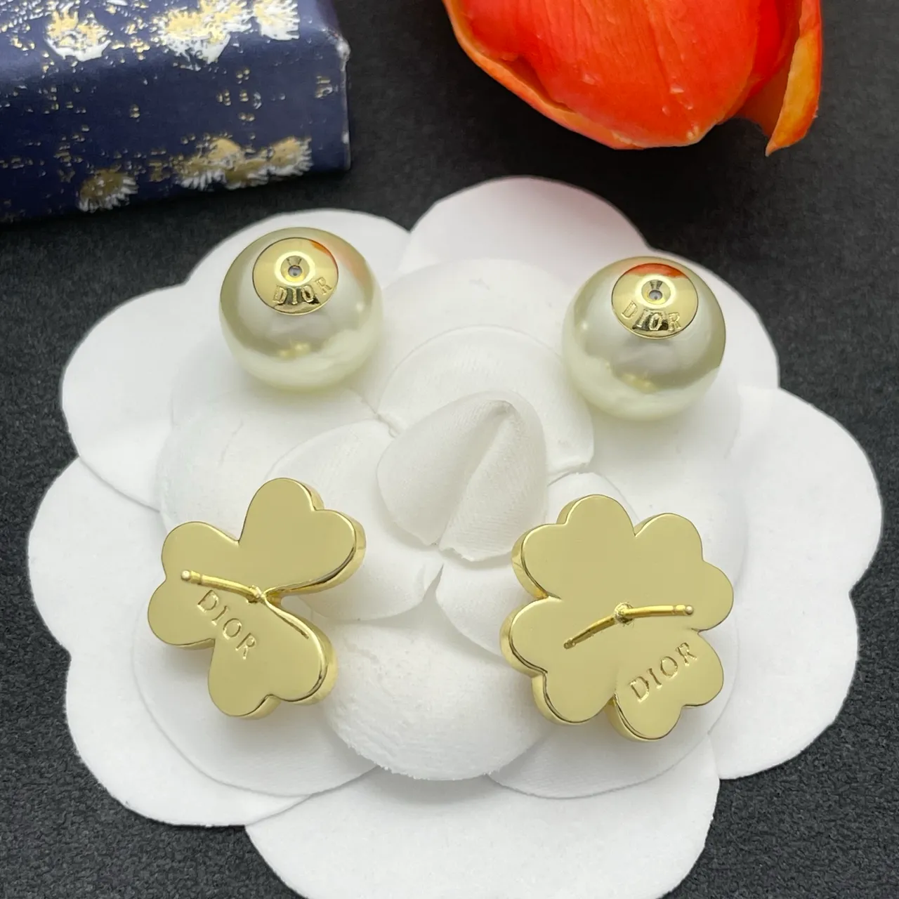 Dior Beige Gold Four-Heart Floral Motif Pearl Drop Accent Earrings 3