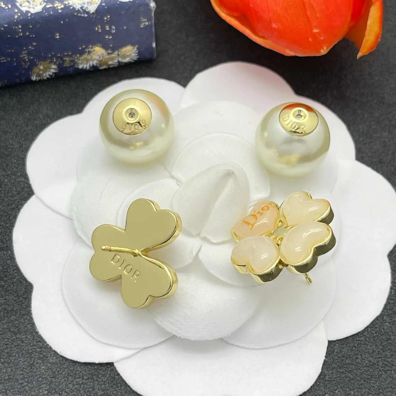 Dior Beige Gold Four-Heart Floral Motif Pearl Drop Accent Earrings 4