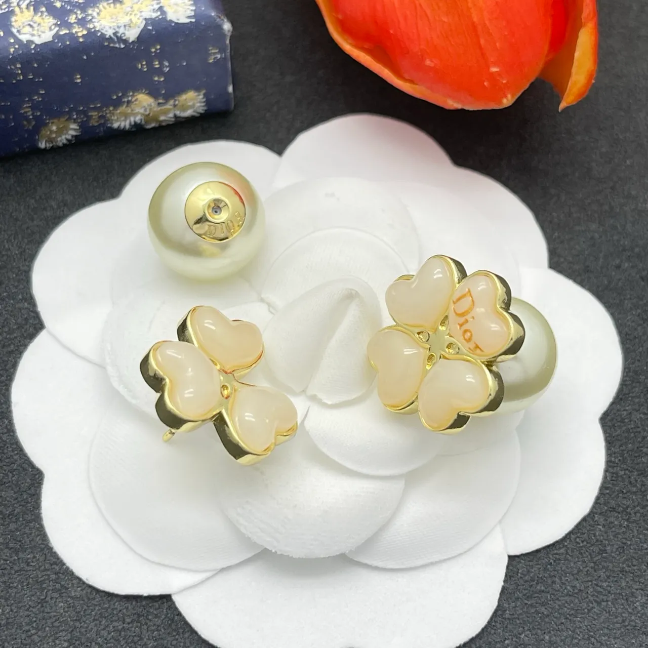 Dior Beige Gold Four-Heart Floral Motif Pearl Drop Accent Earrings 5