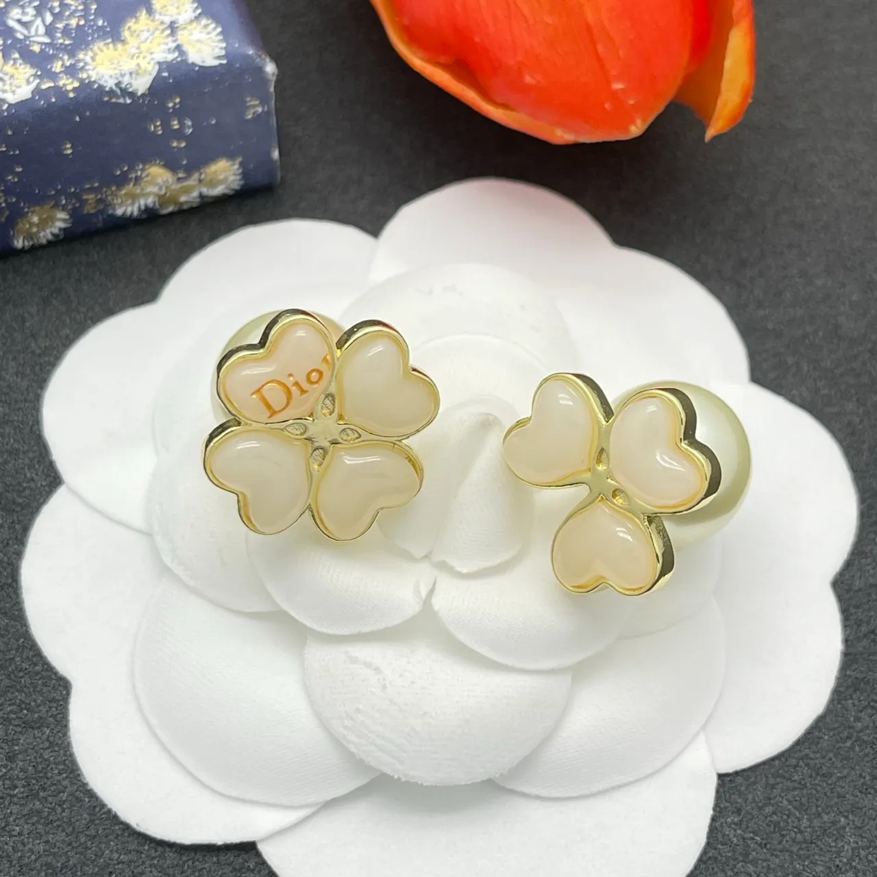Dior Beige Gold Four-Heart Floral Motif Pearl Drop Accent Earrings 6