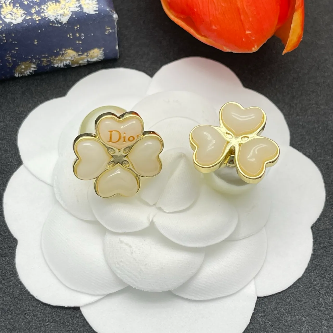 Dior Beige Gold Four-Heart Floral Motif Pearl Drop Accent Earrings 7