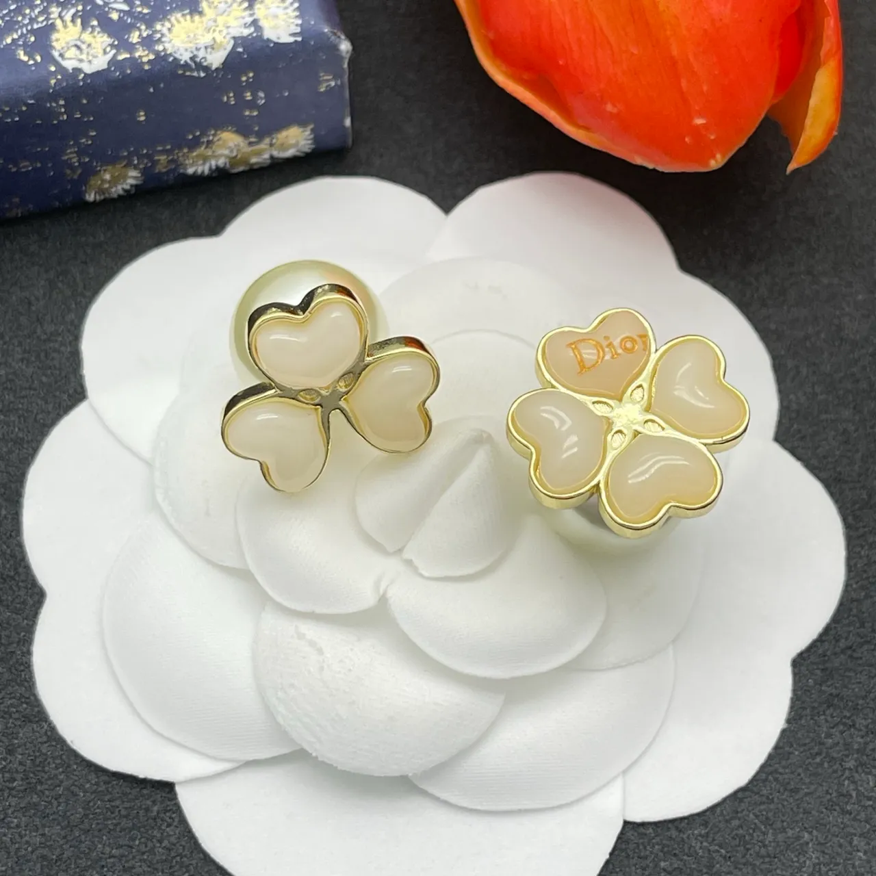 Dior Beige Gold Four-Heart Floral Motif Pearl Drop Accent Earrings 8