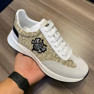 Dior Beige Gray Monogram-Print Textile Suede Overlays Lifestyle Sneakers