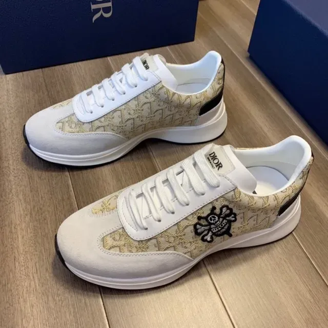 Dior Beige Gray Monogram-Print Textile Suede Overlays Lifestyle Sneakers 6