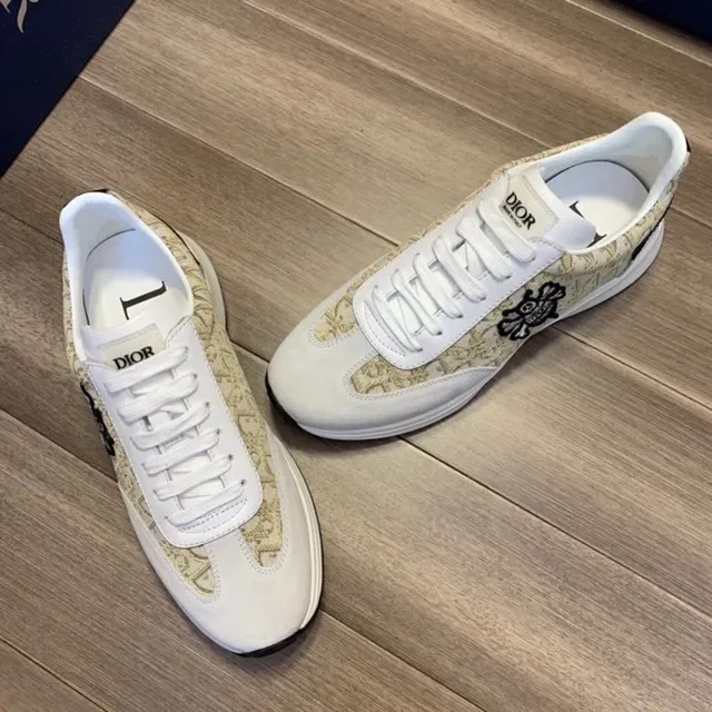 Dior Beige Gray Monogram-Print Textile Suede Overlays Lifestyle Sneakers 8