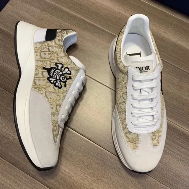 Dior Beige Gray Monogram-Print Textile Suede Overlays Lifestyle Sneakers 9