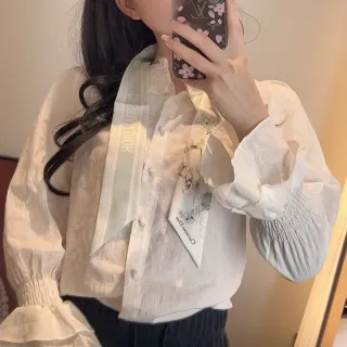 Dior Beige Navy Ruffled Collar Puffed Bishop Sleeves Shirt