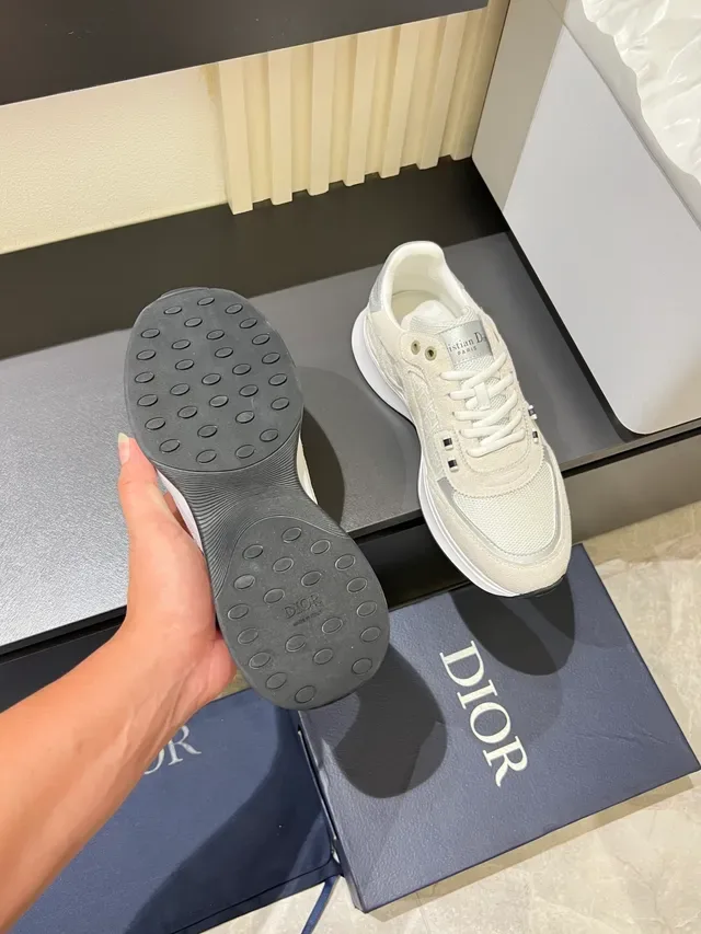 Dior Beige White Monogrammed Suede-Mesh Upper Thick Platform Sole Chunky Sneakers 3