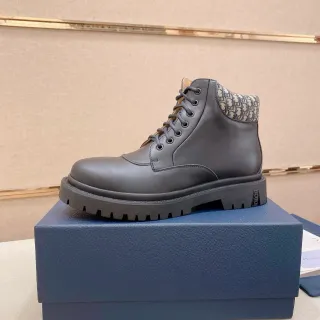 Dior Black Beige Leather Upper Lug Sole Ankle Boots