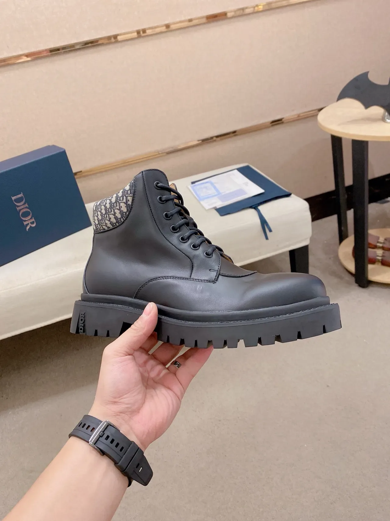 Dior Black Beige Leather Upper Lug Sole Ankle Boots 5